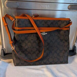 Coach Signature CrossBody Bag in Brown with Burnt Orange Trim
